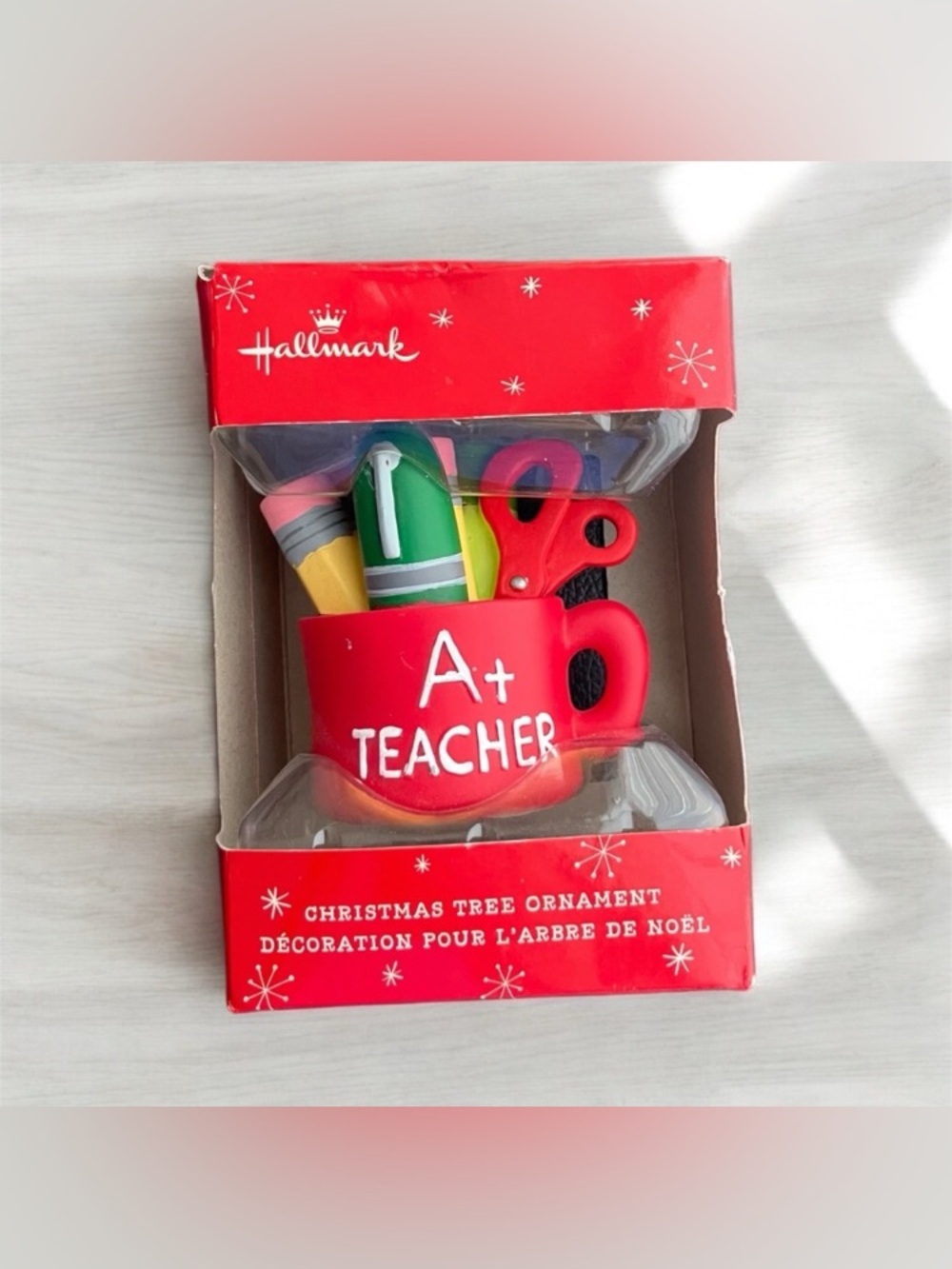 NEW Hallmark A+ Teacher Christmas Tree Ornament Mug Pencil Scissors Crayon